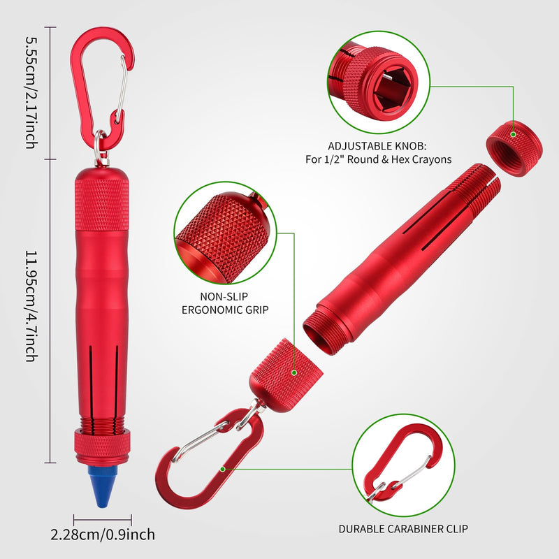 Metal Ambidextrous Lumber Keel Crayon Holder | Contoured Grip Handle | Fits 1/2" Round or Hexagonal Crayons & Ferro Rods | Kio | Construction Carpenter| Red 2 Pack Red-2