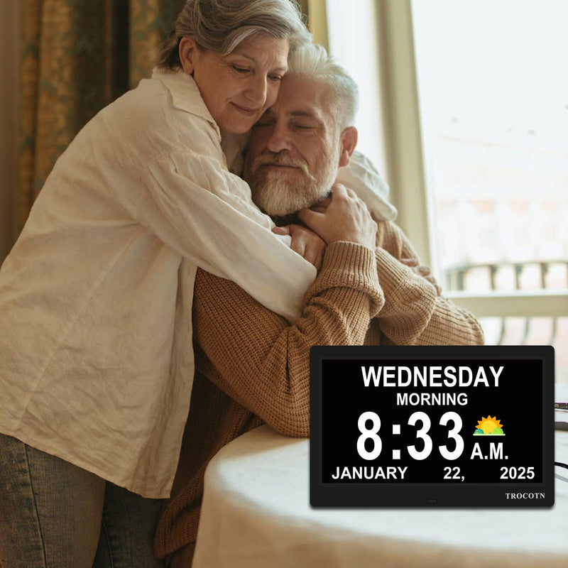 TROCOTN Dementia Clocks, Large Display Calendar Alarm Clock with Auto DST for Seniors, 5 Display Modes Large Font Digital Clock with Custom Alarms Day Date Clocks. (10 Inch Black) 10 inch