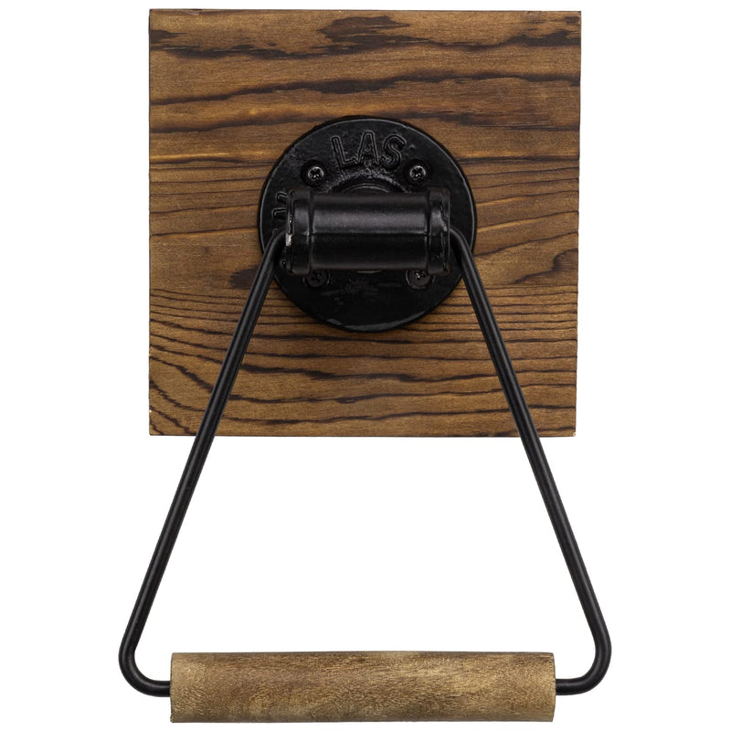 MyGift Bathroom Hand Towel Holder, Towel Rack Ring 5.5x8.7 inch for Kitchen, Laundry Room, Matte Black Industrial Metal with Rustic Solid Burnt Wood Dark Brown
