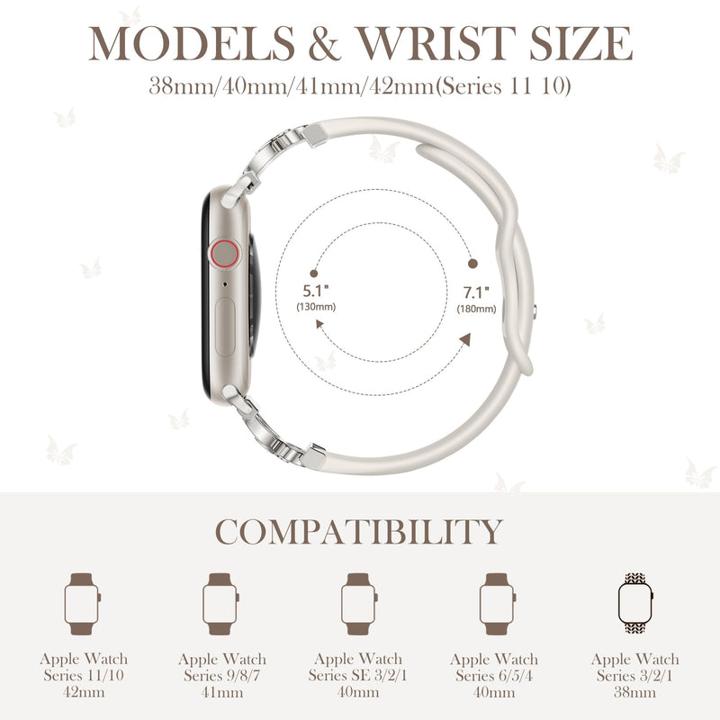 Lerobo Slim Silicone Band Compatible with Apple Watch Bands for Women | Dressy Metal Butterfly 16mm Thin Strap for iWatch Series 11 10 9 8 7 6 5 4 SE Ultra 38mm 40mm 41mm 42mm 44mm 45mm 46mm 49mm A-Starlight 38mm/40mm/41mm/42mm(Series 11 10)