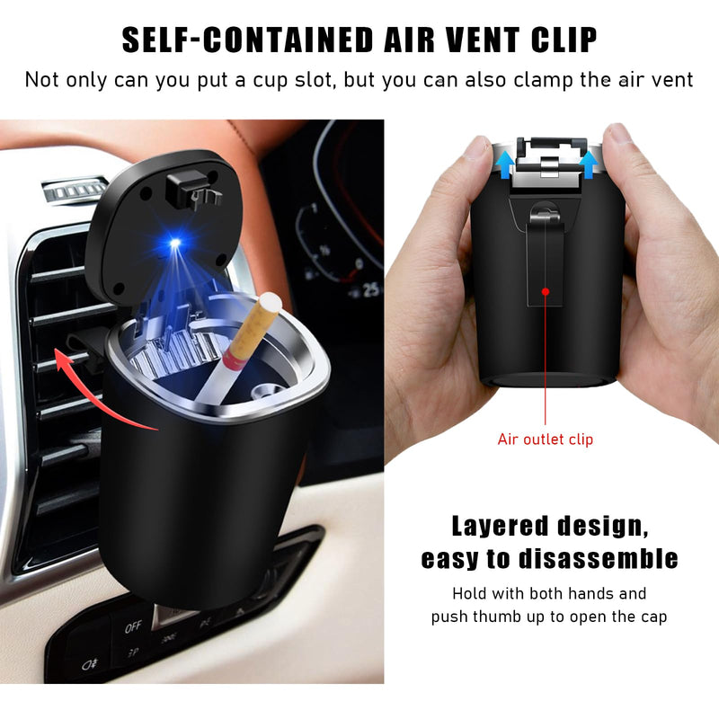 Car Ashtray, Detachable Stainless Steel Smokeless Ash Tray with LED Blue Light, Auto Ashtray with Lid Smell Proof Weed for Most Vehicles, Universal Interior Car Accessories