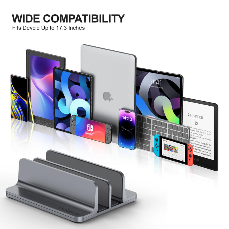 Dual-Slot Aluminum Vertical Laptop Stand for Desk - Adjustable Width Dock for MacBook, Surface, Samsung, HP, Dell up to 17.3 inches - Space-Saving & Protective Design - Gray 2-Slot