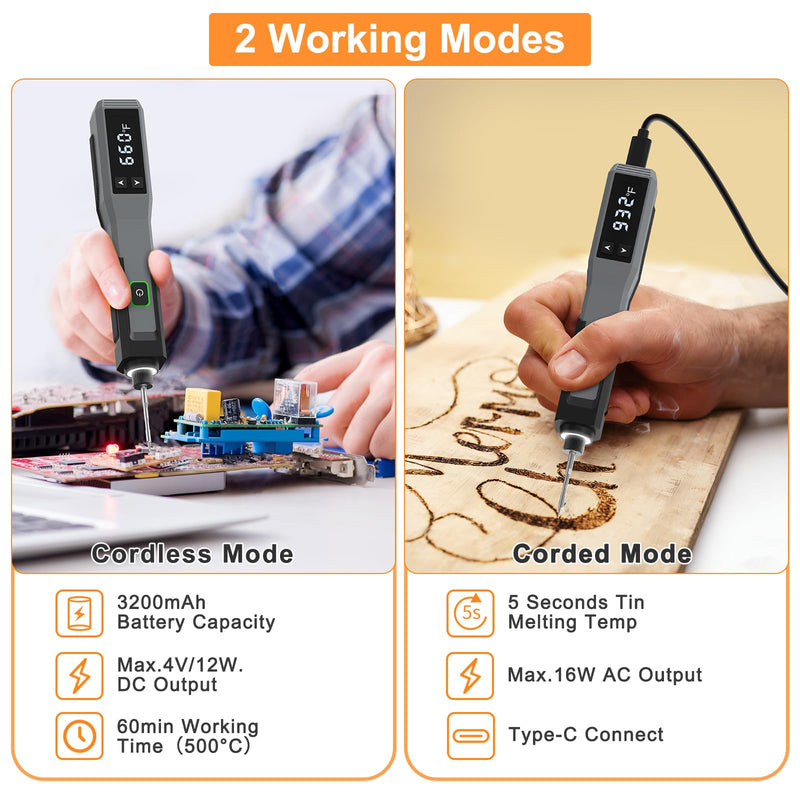 Soldering Iron Kit Cordless 5s Heating 14-in-1 Portable Soldering Iron with LED Display 392-932℉, Auto Sleep, Electric USB Rechargeable Wireless Welding Tool for Precision Repair DIY Grey