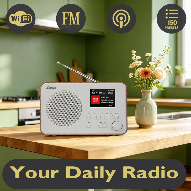 LeMega IR1PRO Internet Radio, Podcasts, Bluetooth, FM, Walnut | Alarm clock, full colour display, mains or AA battery, compact kitchen radio, snooze, sleep timer, 150 unified presets