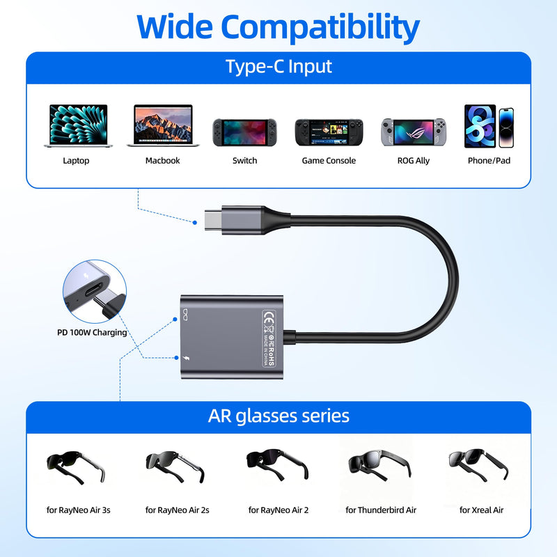 USB C to Glasses Charging Adapter, 100W PD Charge & Play for AR Glasses, 4K@60Hz Video Output for XREAL/Viture/Rokid/RayNeo, Steam Deck, ROG Ally, Switch (Not Switch 2), PS5, Xbox, Mac, Laptops
