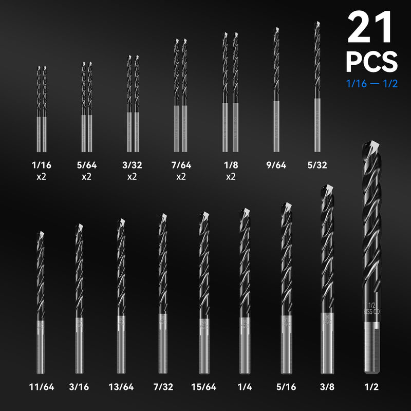 Triple Spiral Flute Cobalt Drill Bit Set (Pro - TiAlN Coated), Metal Drill Bit Set for Steel, Hardened Metal, Stainless Steel, 21PCS Drill Bits 1/16" to 1/2" with Index Storage Case 1/16" to 1/2" (21pcs Pro Set)