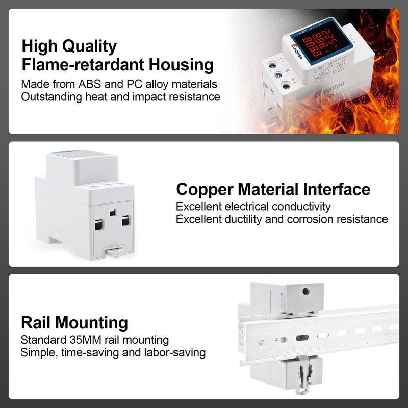 Exqutoo Digital Display Energy Meter - AC Rail-Mounted Meter Electricity Usage Monitor for Voltage, Current, and Energy Consumption Measurement - GT2P-UID, AC 80~270V, 0~100A, 50/60Hz 3 Functions Digital Display
