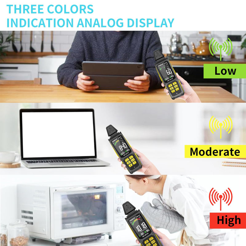 5-in‑1 EMF Detector, Electromagnetic Field Radiation Detector for EF, RF, MF, WiFi,5G Signal, Temperature/Humidity Measurement, Rechargeable EMF Meter for Home, Office, and Paranormal Investigation Yellow