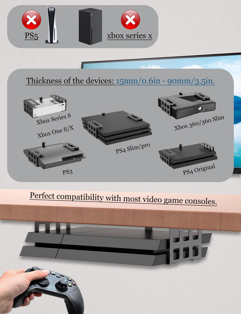 Universal Under Desk Mount Holder for Game Console, Media Players, Audio Interface, Mini Pc, UPS System, Projector Ceiling Mount Fit for Any Other 0.6" to 3.5" Thick Devices (Black) Black