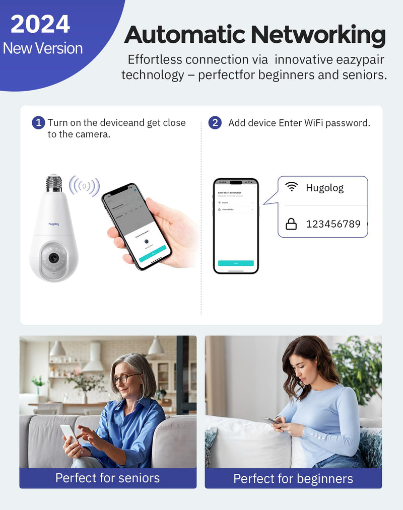 Hugolog 3K 5MP Light Bulb Security Cameras Wireless Outdoor-2.4GHz Cameras for Home Security Indoor with AI Sound Processing, Motion Detection,Color Night Vision,Auto Tracking,Siren Alarm White 3K-2 Pack