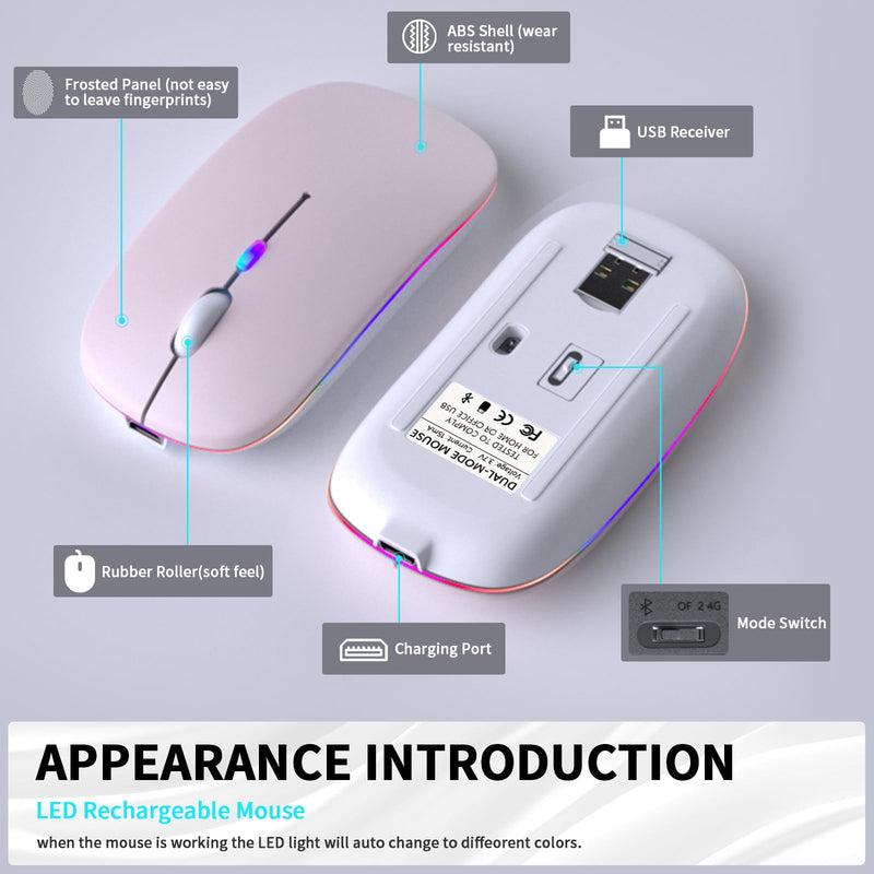 Wireless Bluetooth Mouse, Rechargeable LED Dual Mode Mouse (Bluetooth 5.2 and USB Receiver) Portable Silent Mouse,for Laptop/Desktop/Tablet(Pink) Pink