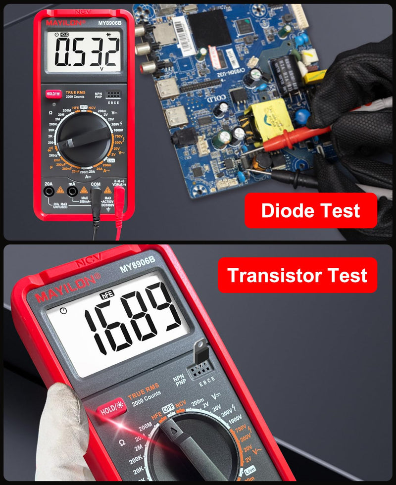 MY8906B Multimeter Tester TRMS Digital Multimeter 750V-1000V Measures DC/AC Voltage DC/AC Current Resistance Continuity Diodes Frequency Transistor HEF NCV Live Wire Detection