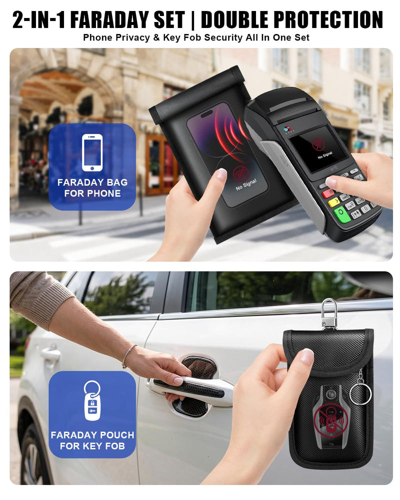 Faraday Bags for Phones & Car Key Fobs, 2-in-1 Signal Blocking Set | Large phone pouch and compact key pouch with dual-layer shielding to help reduce relay theft and protect digital privacy 1 Large Phone Pouch + 1 Key Fob Pouch