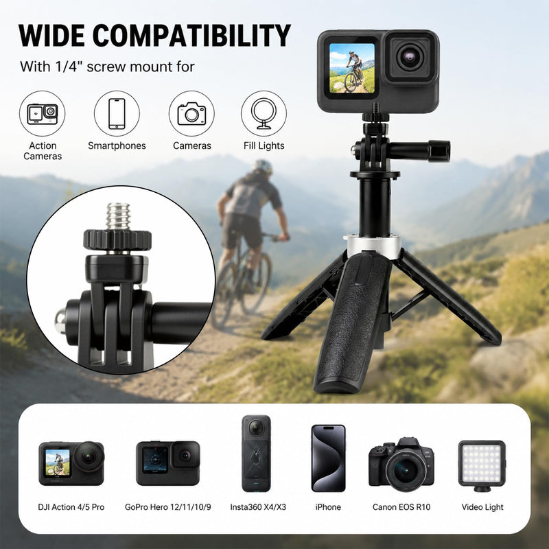 Extenable Small Camera Tripod, Portable Selfie Stick Vlog Handle Grip, Desktop Webcam Tripod with 1/4" Screw for DJI Osmo Action 4/5Pro, Lightweight Travel Tripod