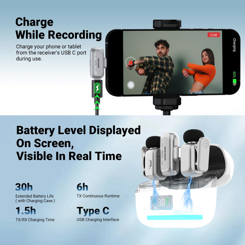 NEEWER KM19 Wireless Lapel Microphone Compatible with iPhone 17 16, Silver | Compatible with iPhone Android & PC, Mini Lav Mic, App Control, 3 Level Noise Cancelling, 30H Battery, 100m, Video Recording