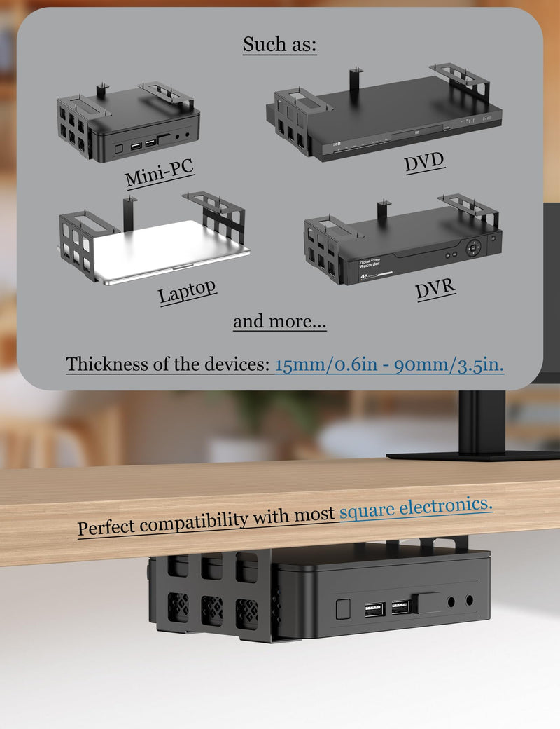 Universal Under Desk Mount Holder for Game Console, Media Players, Audio Interface, Mini Pc, UPS System, Projector Ceiling Mount Fit for Any Other 0.6" to 3.5" Thick Devices (Black) Black
