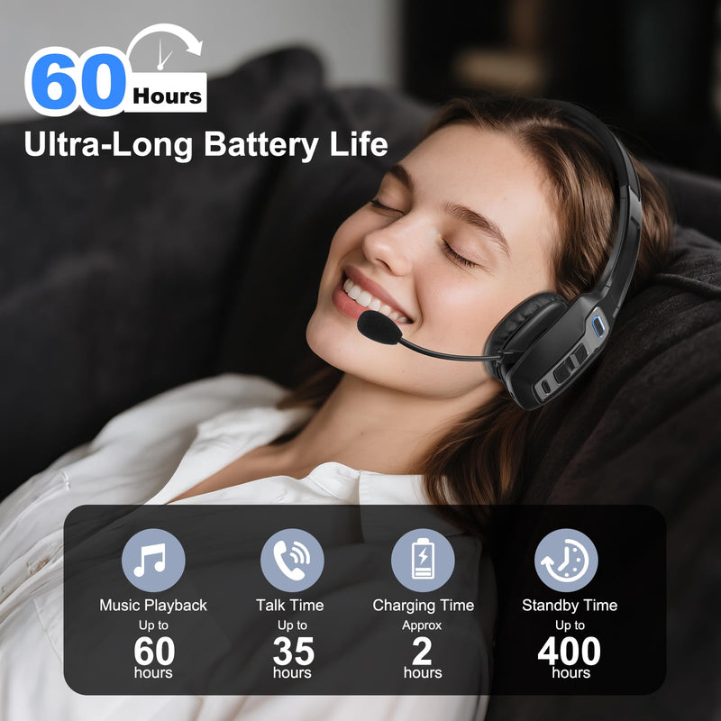 Bluetooth Headset for Truck Drivers, Single Ear Wireless Headphones with Mic Noise Cancelling, Mute Button, Hands-Free, 60H Playtime for Call Center, Office, Cell Phone