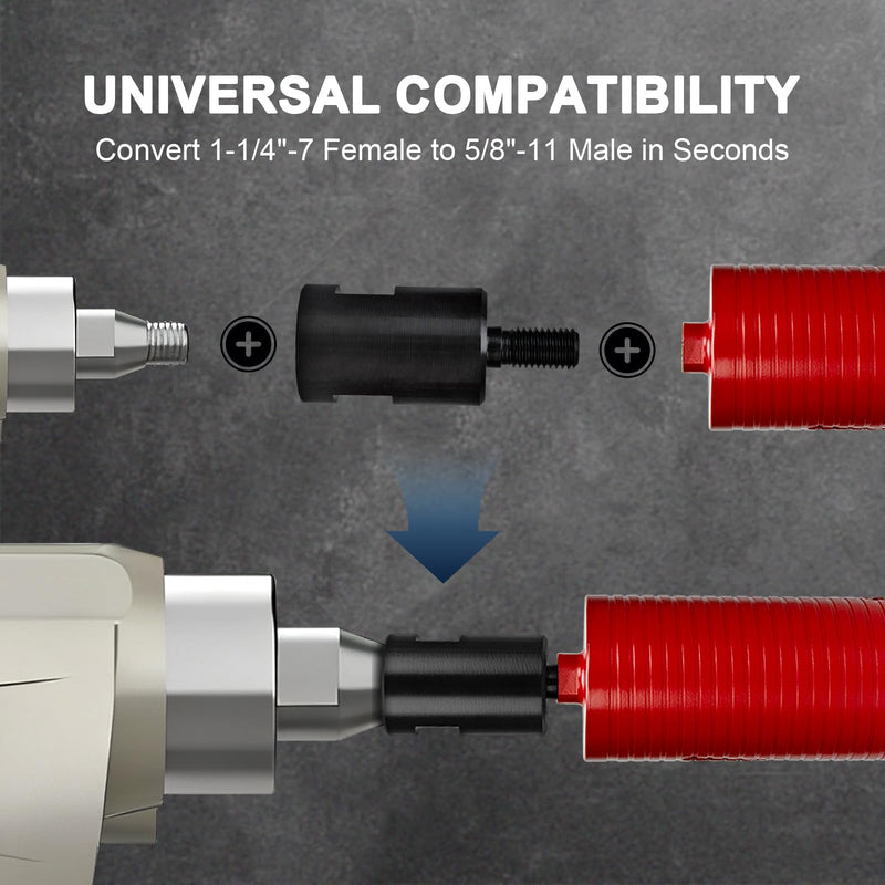 Core Drill Bit Adapter 1 1/4"-7 Female to 5/8"-11 Male, for Use with Diamond Core Bits (Standard) 1-1/4"-7 Female(Standard)
