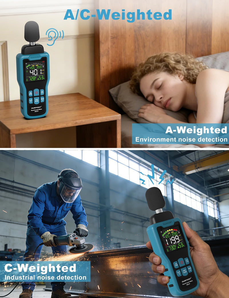 Decibel Meter, DURFICST Sound Level Meter 30-130dB, SPL Meter with Temperature & Humidity, A/C Weighted DB Meter with dB/SONE, Fast/Slow, MAX/MIN, for Home, Office, Factory, Neighbor Noise