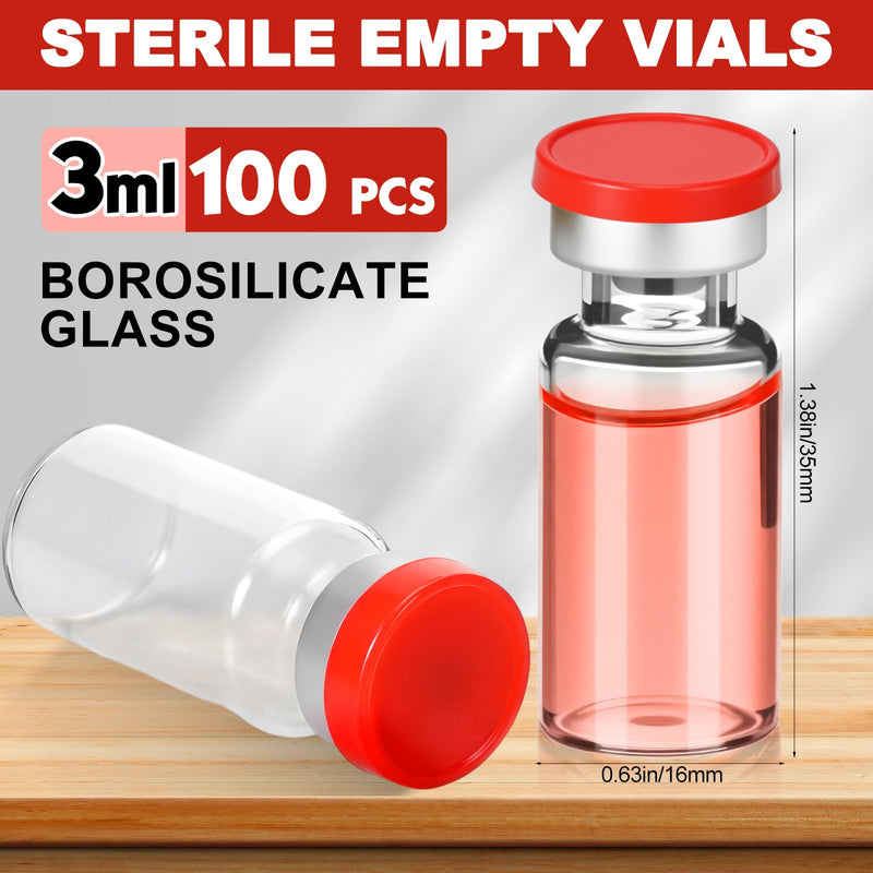 100 Pcs 3ml Sealed Sterile Empty Vials with Self Healing Injection Port Clear Glass Empty Vials with Plastic-aluminum Flip Cap and Rubber Injection Stoppers Flat Bottom Lab Vial (Red Lid) 100 clear and red lid