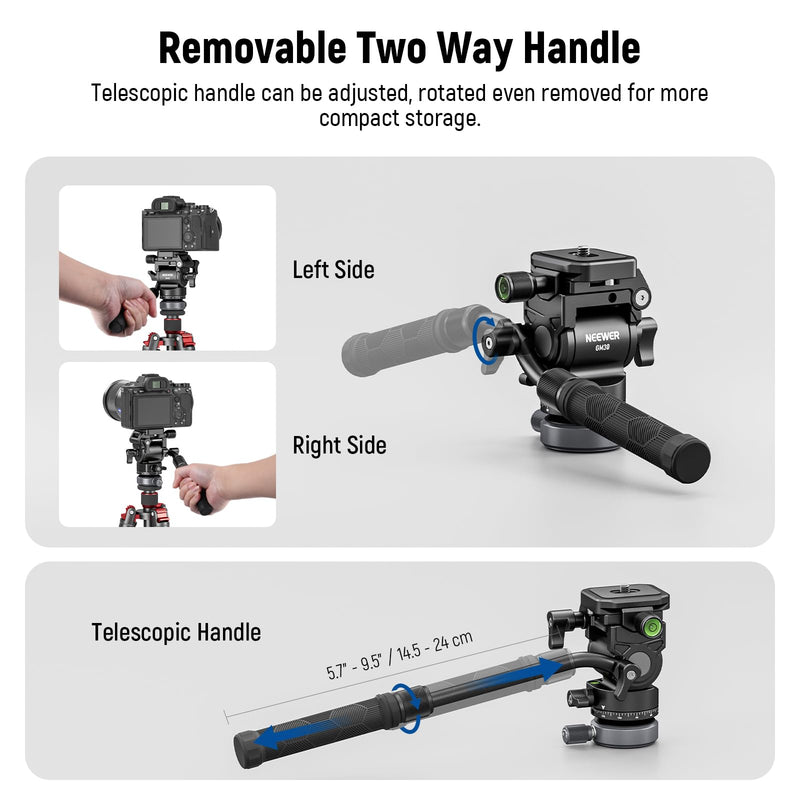 NEEWER Tripod Fluid Head with ±10° Leveling Base (43mm Dia.) Vertical/Horizontal Shooting Switch, Compact Metal Pan Tilt Video Head with Arca QR Plate, Telescopic Handle, Max Load 9.9lb/4.5kg, GM30