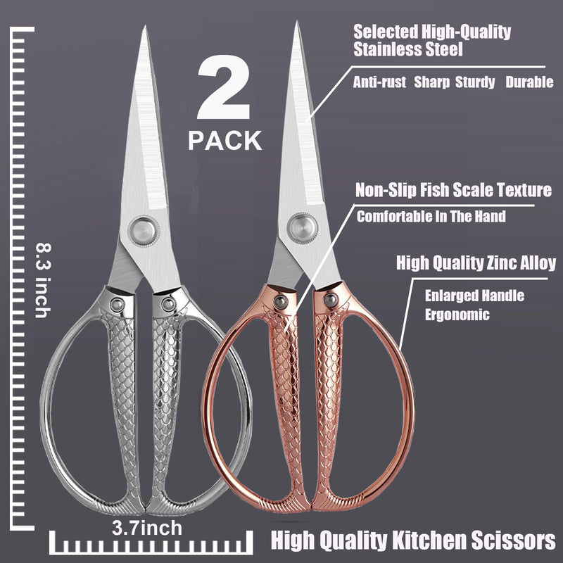 Kitchen Shears 2 Pack, Heavy Duty Poultry Shears, Dishwasher Safe, All Purpose Stainless Steel Utility Scissors for Kitchen, Chicken, Fish, Herbs, Turkey Silver+rose Gold