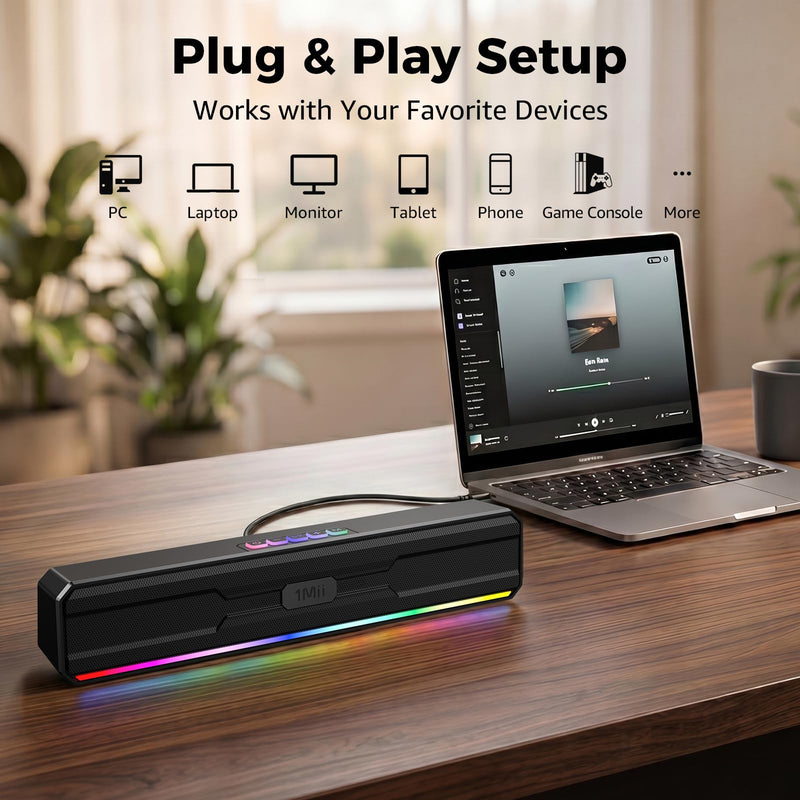 1Mii DeskRoar GT10 Computer Speakers for Desktop PC, Bluetooth 6.0 & USB | Clear Stereo Sound, 7 RGB Modes, Easy Button Controls, USB-C/USB-A for PCs & Laptops, Ideal for Work, Music