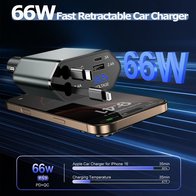 66W Retractable Car Charger Fast Charging,4 in 1 Car Charger USB Fast Charge with Retractable USB C Cable + Lightning Cable,USB C Port and USB A Port Car Phone Charging for iPhone 17/16/15/14/13,iPad
