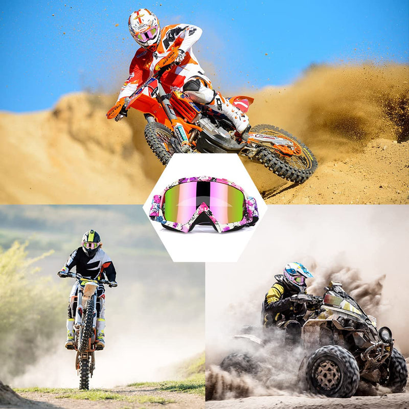 JAMIEWIN Motocross Goggles ATV Dirt Bike Motorcycle UTV MX OTG Offroad Riding Goggles Anti UV Dustproof Anti Fog Racing Skiing Goggles for Men Women Youth Kids Camo Pink Frame + Color Lens