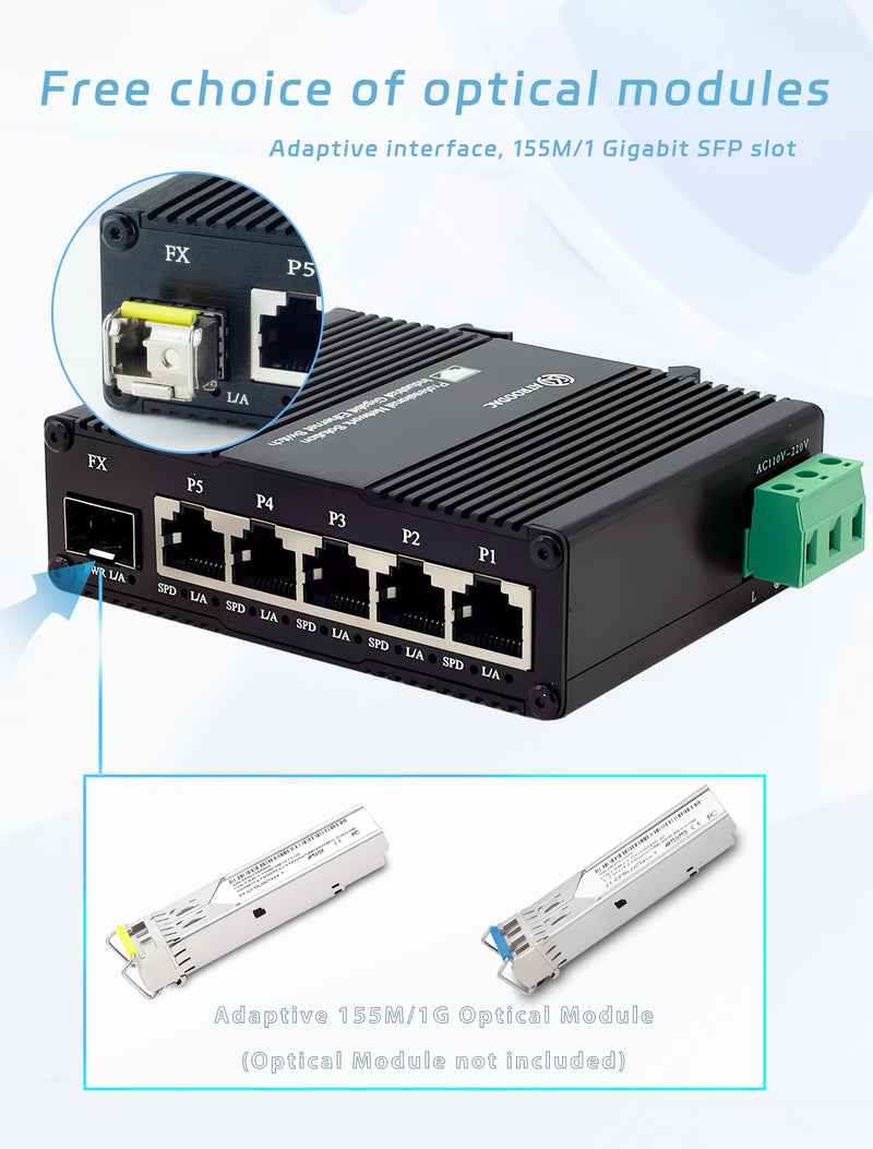 Mini AC Power Supply 5 Port Gigabit Switch with SFP Slot Din Rail Fanless Industrial Unmanaged Ethernet Switch 5*1000Mbps RJ45 Port +1G SFP Fiber Port Support Network Switch AC 85~250V Input AC Power 5-Port Switch