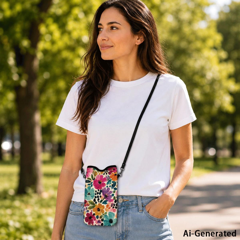 Floral Neoprene Cell Phone Sleeve Pouch Case Bag for Women Men with Crossbody Strap, 7.1x3.9 in, Shockproof Mobile Protection Case Bag with Neck Lanyard, Colorful Floral
