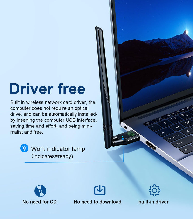 WiFi Adapter,USB WiFi 6 Adapter for Laptop PC,2-in-1 Bluetooth 5.3(EDR+BLE),900Mbps Dual Band (2.4GHz+5GHz), 5dBi High Gain Antenna,Plug-and-Play for PC/Laptop/Printers (Win 10/11)