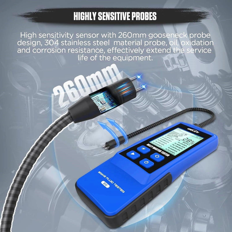 BELEY Brake Fluid Tester Digital Automotive Moisture Boiling Point Detector for DOT3,DOT4,DOT5.1 Brake Fluid with 2.8" Display, Audible Alarm, High-Precision Probe B10 BLUE