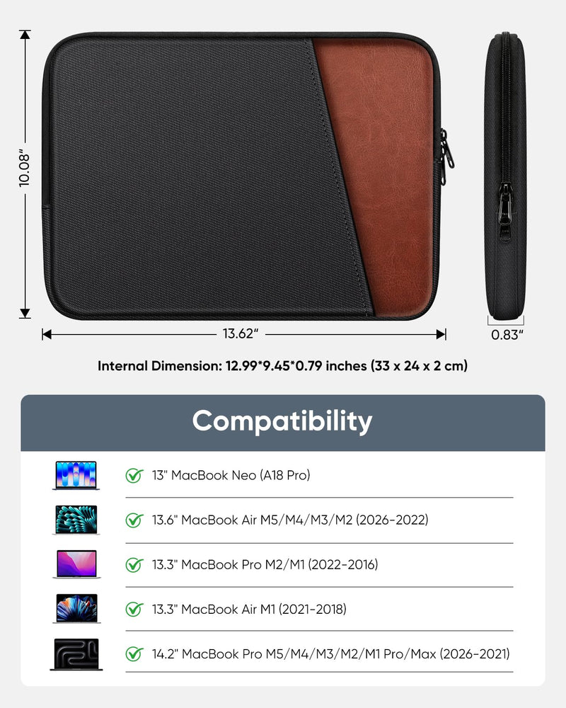 FINPAC Laptop Sleeve for MacBook Neo 13 Inch, MacBook Air 13.6 inch, Black | Shockproof Laptop Bag, Water Repellent, Accessory Storage Pocket, Fits MacBook Air Pro 13.3" 14"