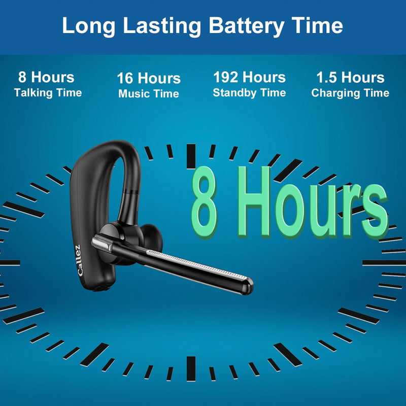 Callez Bluetooth Headset for iPhone Android Cell Phone Trucker Office Work | Bluetooth Earpiece V5.0 with CVC8.0 Dual Mic Noise Cancelling, Mute/Volume Buttons, Hands-Free Wireless Headset for Business Black
