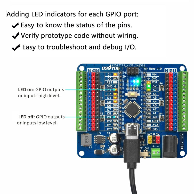 OSOYOO Nano Board with USB-C and Nano I O Shield,Breakout Board with GPIO Status LED