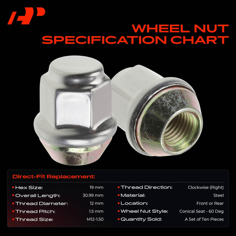 A-Premium M12-1.50 Wheel Lug Nuts Compatible with Ford Focus Dodge Grand Caravan Charger Chrysler Town & Country Honda Passport Front or Rear 10-PC Set 10PCS