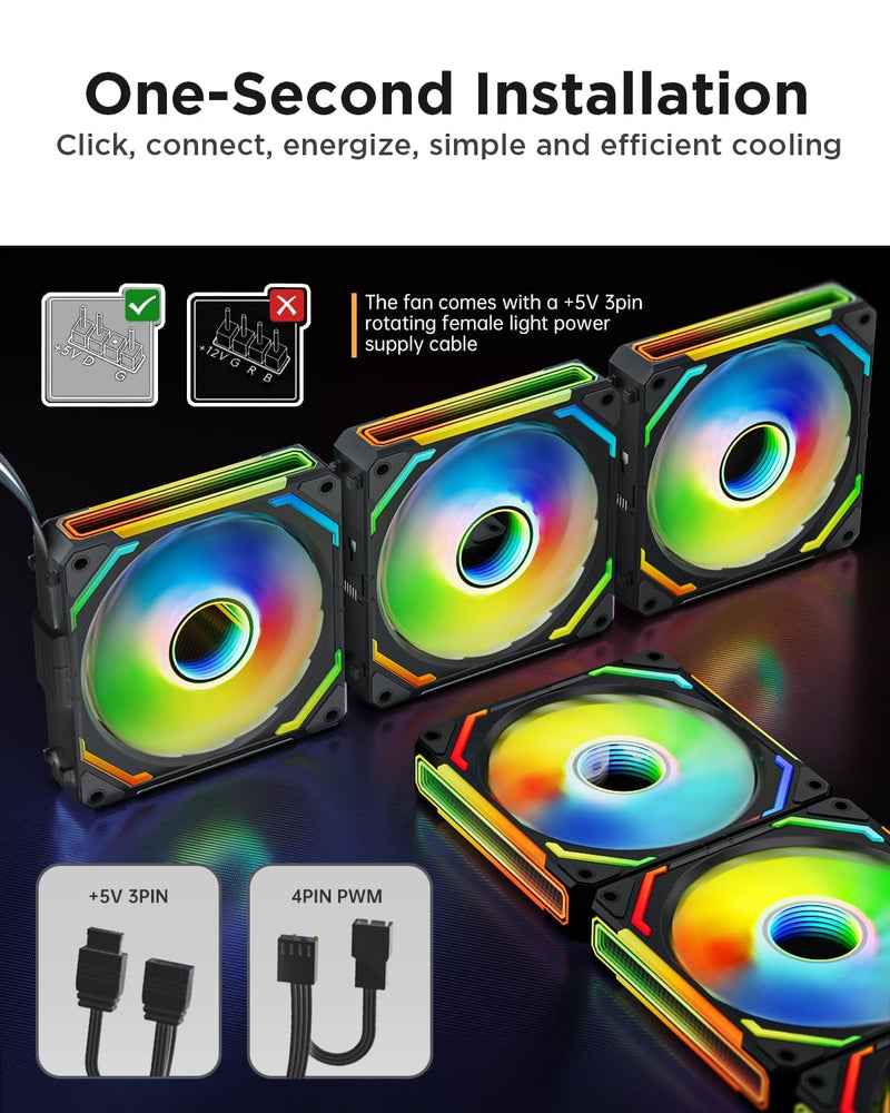 AsiaHorse COSMIQ 120mm Case Fan, Infinity Mirror FDB Reverse Fan with 5V 3-PIN Connector and Small Controller, 2000 RPM and 68.5CFM,Unit Daisy Chain PWM RGB PC Fans for Cases CPU Liquid Coolers, 3Pack Black-3-Packs