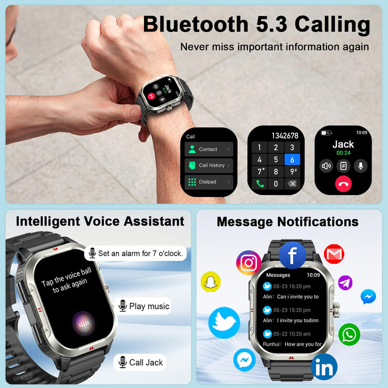 Smart Watch for Men Built-in GPS, 2.06" Military Fitness Tracker IP68 Waterproof, Fitness Watch with Heart Rate/Sleep, Smartwatch with Answer/Make Calls, 100+ Sport Modes for iPhone/Android, Black A-Black