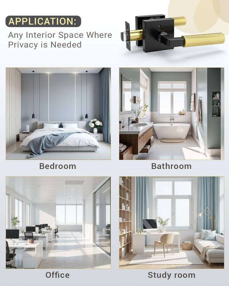 KNOBWELL 1 Pack Gold and Black Door Handle Square Doorknob with Lever Interior Door Lever for Bed and Bath (Push Button) Square Privacy Black and Gold