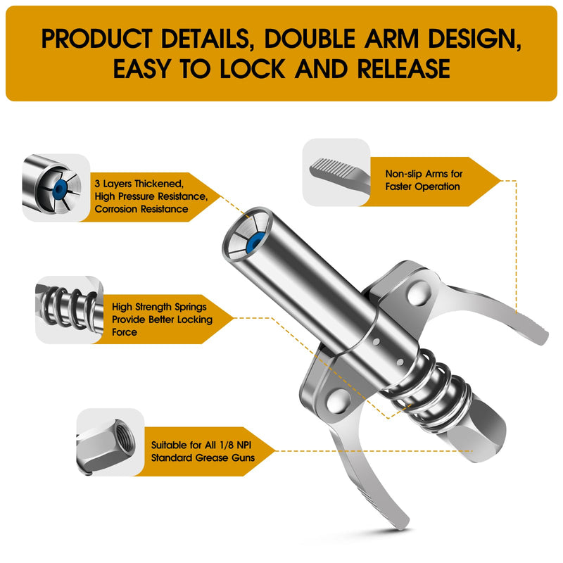 Grease Gun Coupler, Grease Gun Tips, Grease Gun Accessories, 12000 PSI Leak Proof Design Double Handle Grease Nozzle, Compatible with All 1/8" NPT Grease Guns (2PCS)