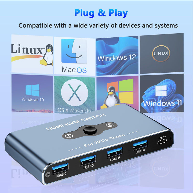 KVM Switch, KVM Switch 1 Monitors 2 Computers, HDMI Switch, 4K@60Hz KVM Switches for 2 Computers Sharing 1 Monitor, 4 USB 3.0 Devices Such as Keyboard, Mouse, Printer, Scanner (Grey) Grey