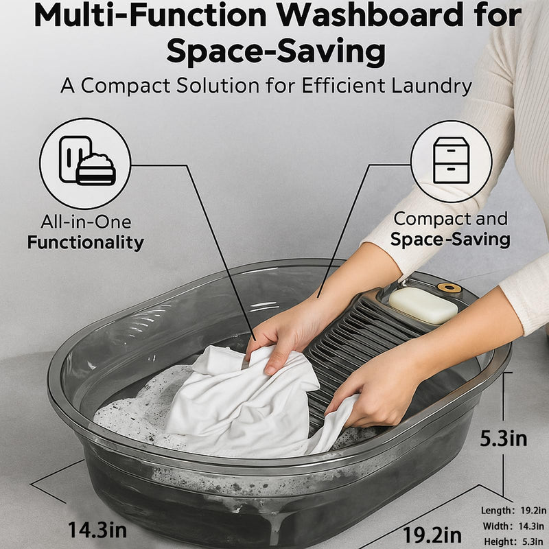 Washboard Basin for Hand Washing Clothes, 19.2" Laundry Washboard Basin with Built-In Washboard, Soap Holder & Carry Handles, Hand Wash Tub for Delicates, Baby Clothes, Apartment, Dorm, RV & Sink Use Transparent Gray 19 in