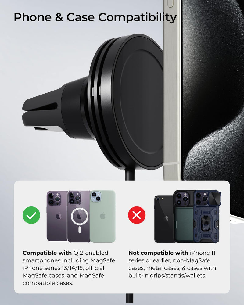 iOttie Velox Qi2 Mini Wireless Charging Car Mount - MagSafe Compatible Air Vent Phone Mount with 15W Charging for Qi2-enabled Smartphones Including iPhone 12,13,14,15,16 and 17. Car Charger Included. Qi 2 Wireless Charging