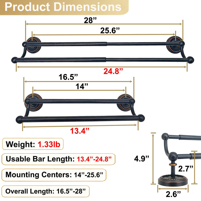 Double Towel Bar, Antique Brass Towel Racks for Bathroom Wall Mount | Adjustable Vintage Black Towel Bar Fits 16.4-27.8 Inch Wall Space, Brass Rustproof Towel Rod Holder Bathroom Hardware