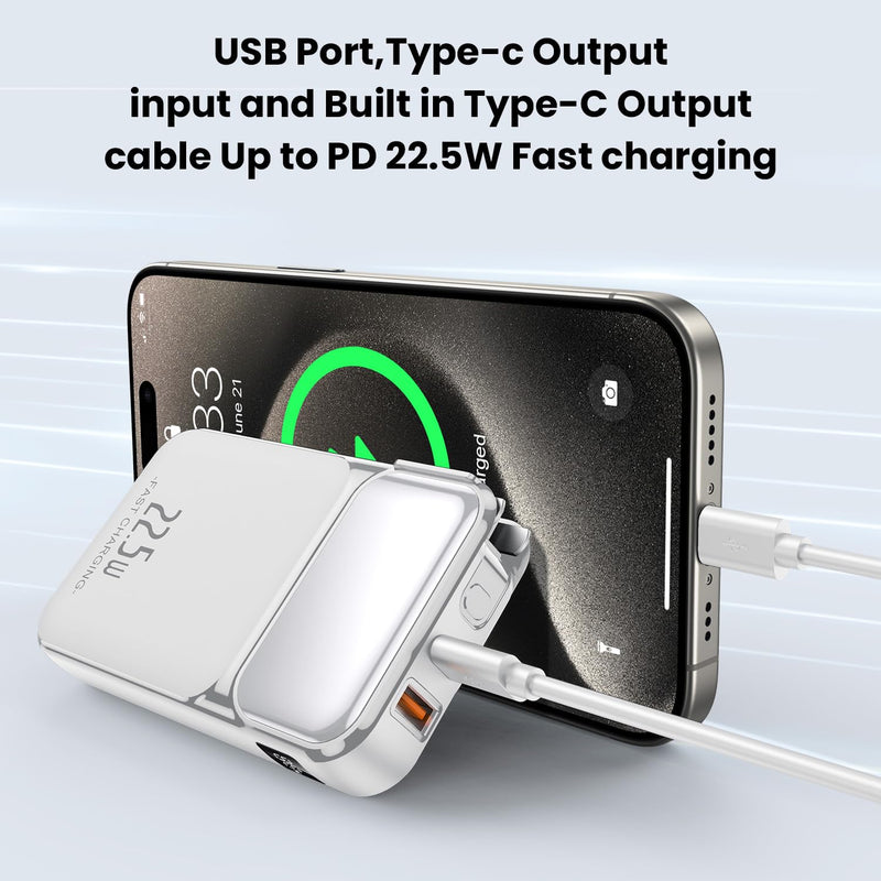 12000mAh Portable Charger Built in Cables and Wall Plug,22.5W USB-C Fast Charging Power Bank, External Battery Pack with LED Display,Travel Essential Battery Pack for iPhone,Samsung More Devices white