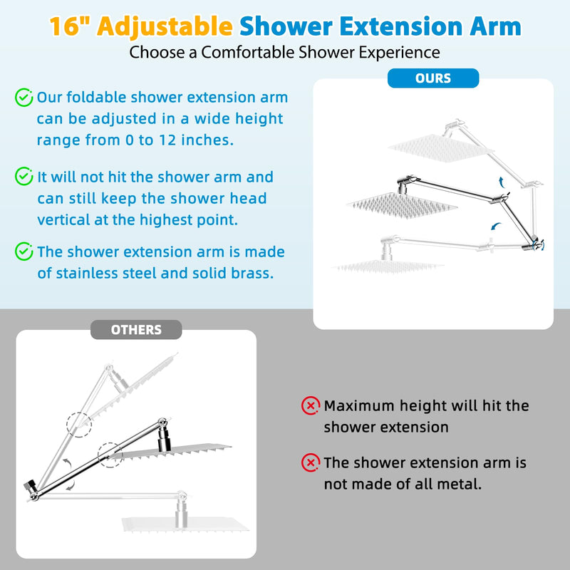 iFealClear All Metal 16" Shower Head Extension Arm, Solid Brass Shower Head Extender Adjustable Height Angle, G1/2 Universal Connection Stainless Steel Pipe with Lock Joint for Rain Showerhead, Chrome 16 Inch