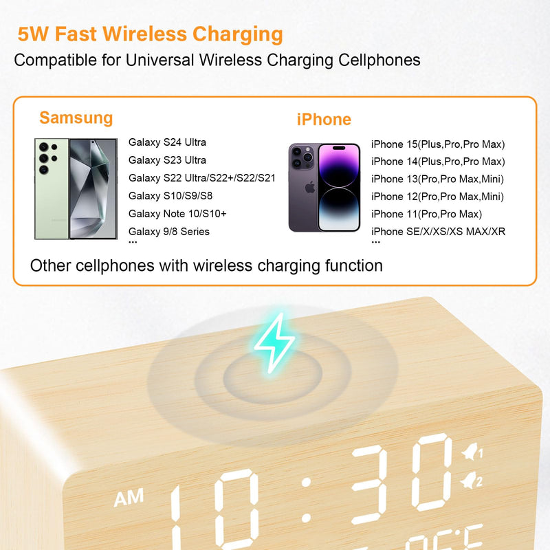 Andoolex Wooden Digital Alarm Clock with Wireless Charging, 0-100% Adjustable Brightness Dimmer and Alarm Volume, Weekday/Weekend Mode, Dual Alarm, Snooze, 12/24H, Wood LED Clock for Bedroom (Bamboo) Bamboo