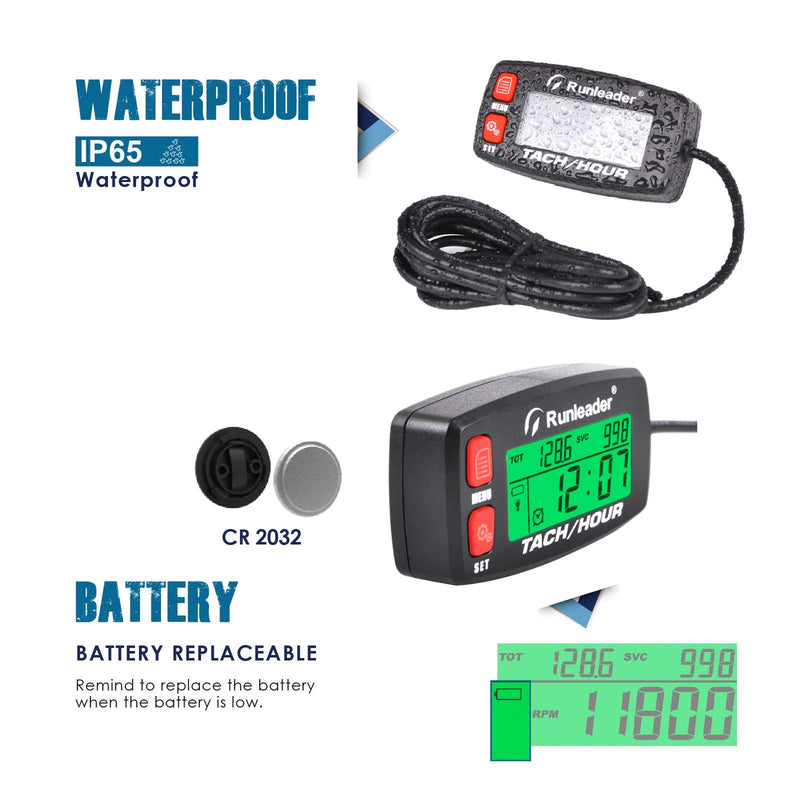 Runleader Hour Meter Tachometer,Maintenance Reminder,Alert RPM,Backlit Display,Initial Hours Setting,Battery Replaceable,Use for ZTR Mower Generator Marine ATV and Gas Powered Device. (Button-Red) Button-Red