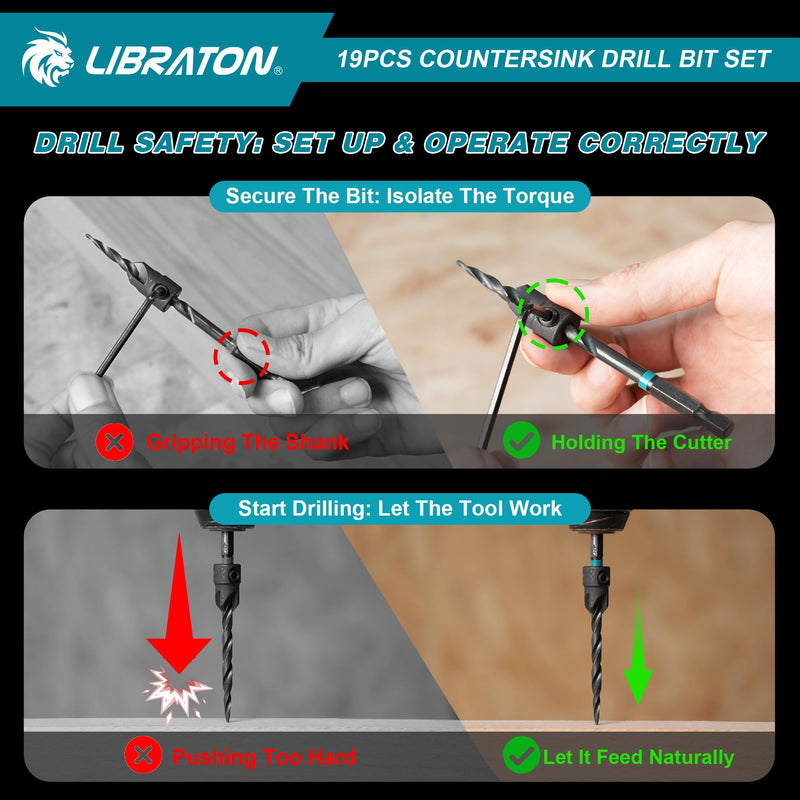 Libraton Countersink Drill Bit Set, 19 PCS Tapered Drill Bits for Woodworking, Counter Sink Drill Bit Wood Plug Cutter Extendable Bit Holder 1/4" Hex Shank Screwdriver Bits with Storage Case